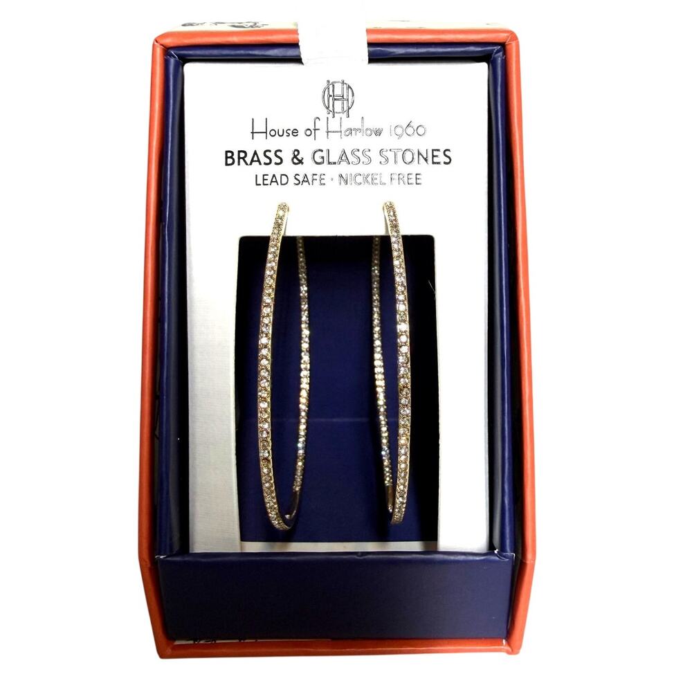 House of Harlow 1960 Gold round Pavé Glass Stone Hoop Earrings (NIB)